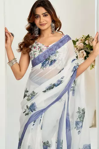 Blue digital printed linen ready to wear designer saree with unstitched blouse
