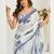 Blue digital printed linen ready to wear designer saree with unstitched blouse