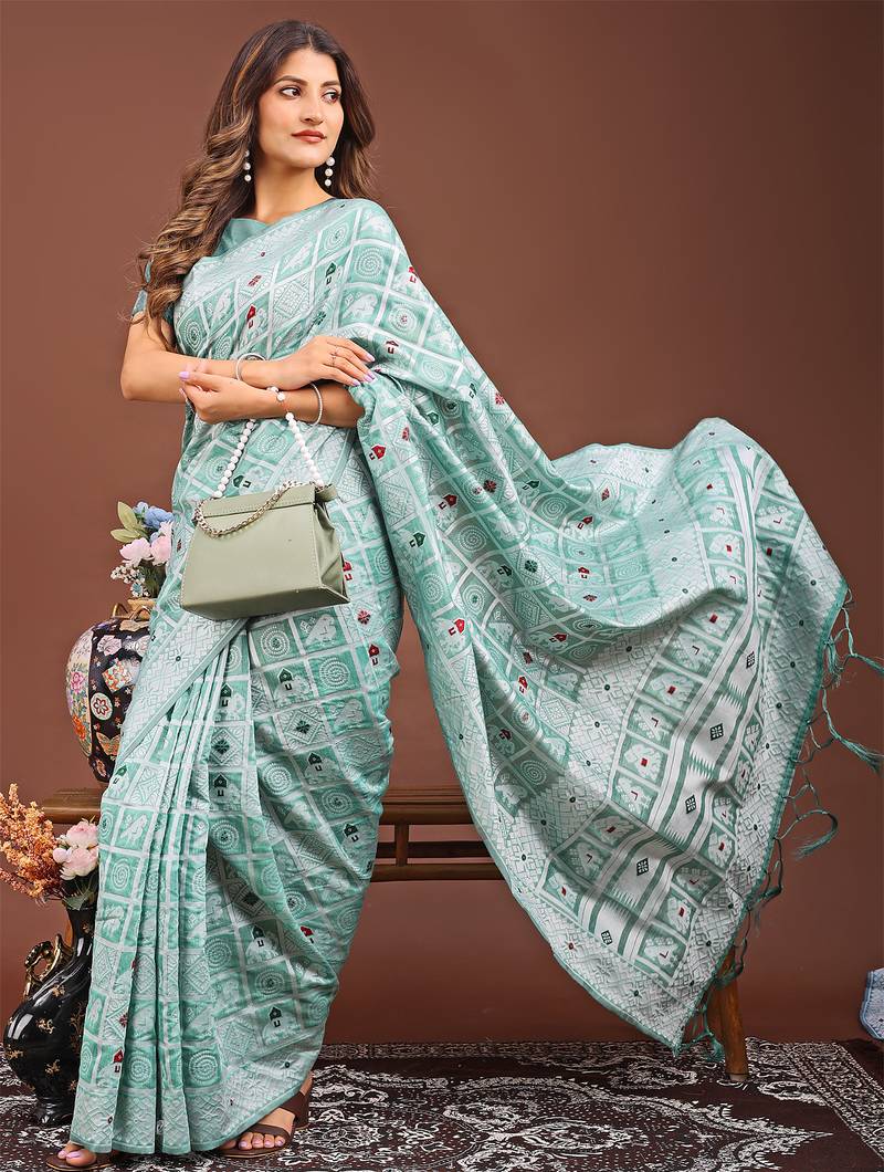 Blue color linen cotton woven saree with blouse