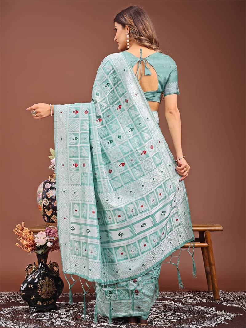 Blue color linen cotton woven saree with blouse