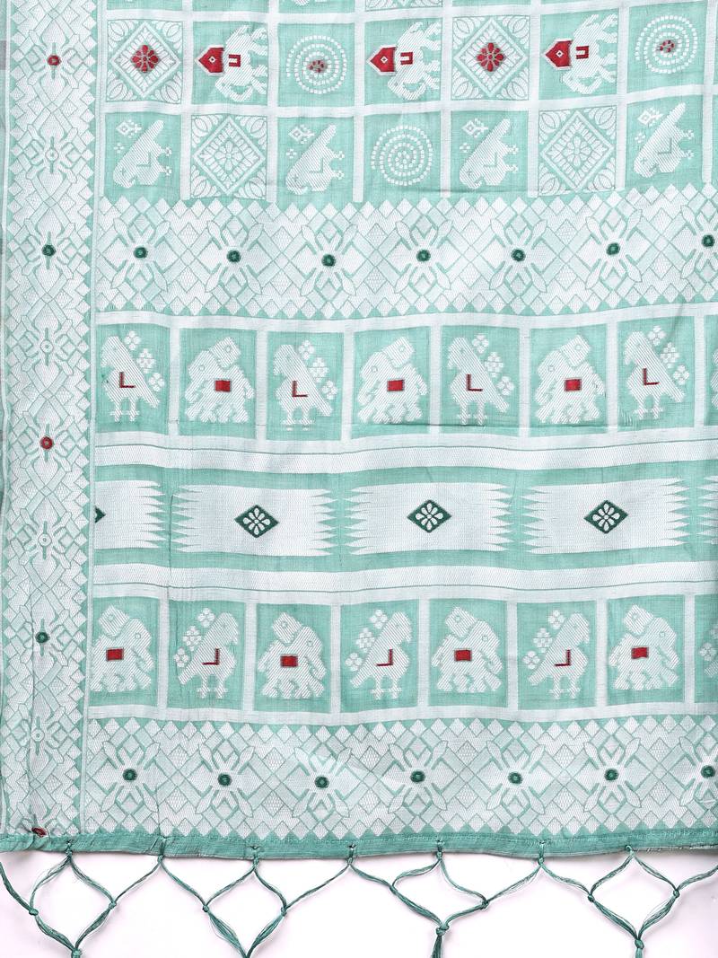 Blue color linen cotton woven saree with blouse