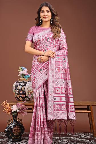 pink color linen cotton woven saree with blouse