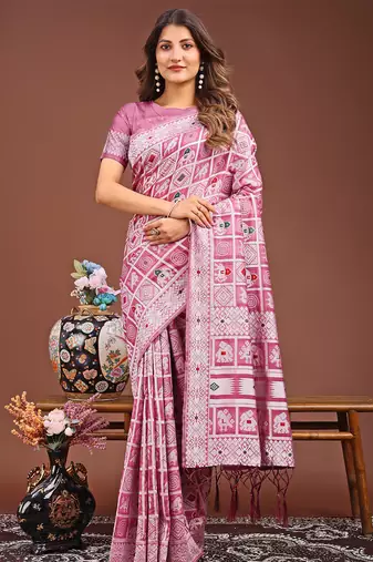 pink color linen cotton woven saree with blouse