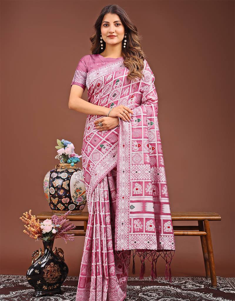 pink color linen cotton woven saree with blouse