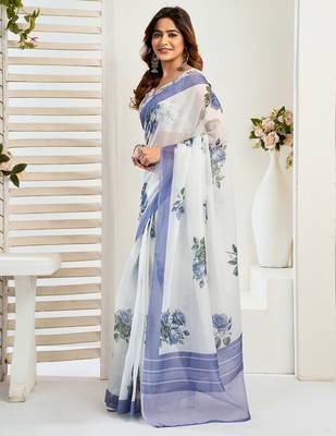 Blue digital printed linen ready to wear designer saree with unstitched blouse 7
