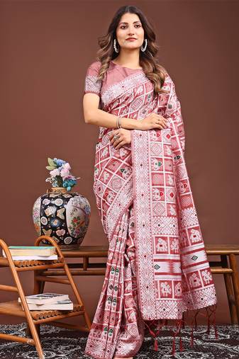 peach color linen cotton woven saree with blouse