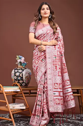 peach color linen cotton woven saree with blouse