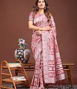 peach color linen cotton woven saree with blouse