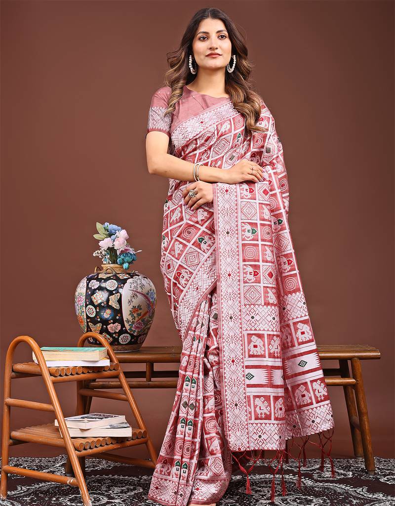 peach color linen cotton woven saree with blouse