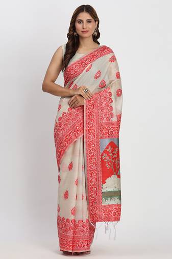 cream & red color linen cotton saree with blouse