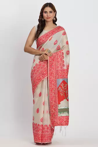 cream & red color linen cotton saree with blouse