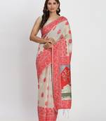 cream & red color linen cotton saree with blouse