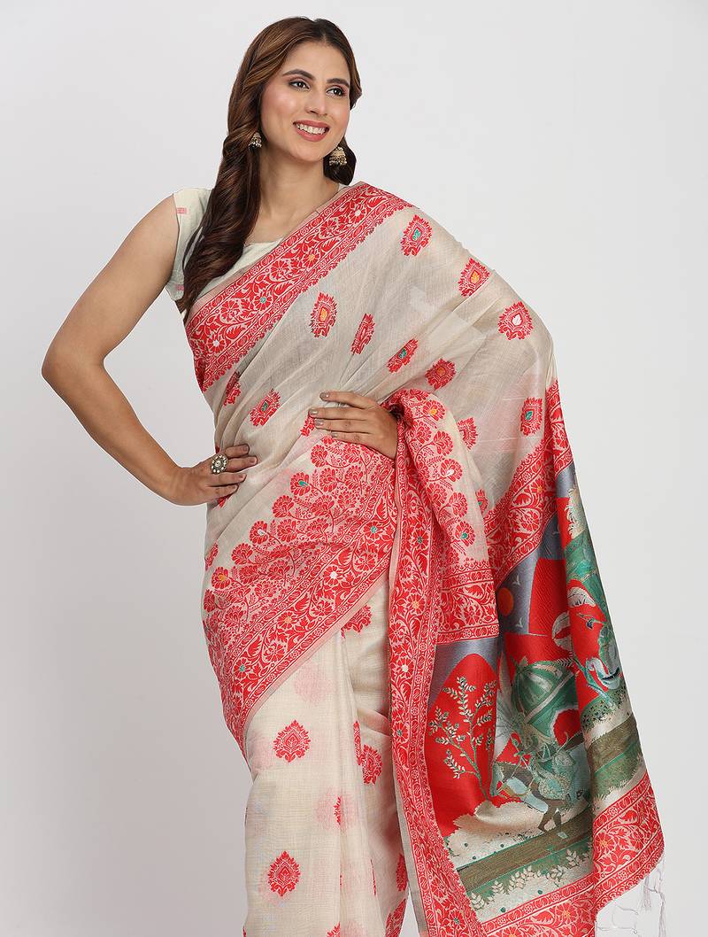 cream & red color linen cotton saree with blouse