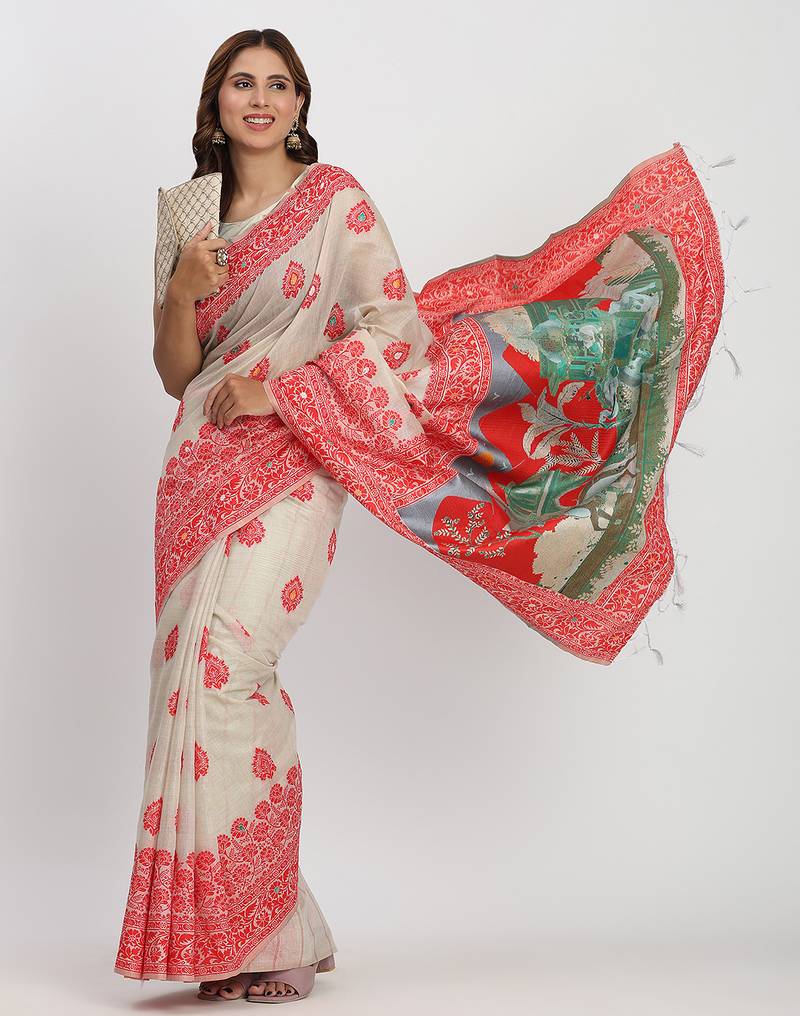 cream & red color linen cotton saree with blouse