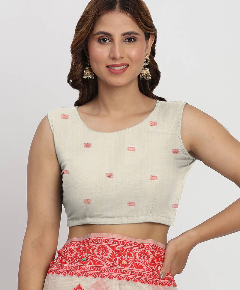 cream & red color linen cotton saree with blouse