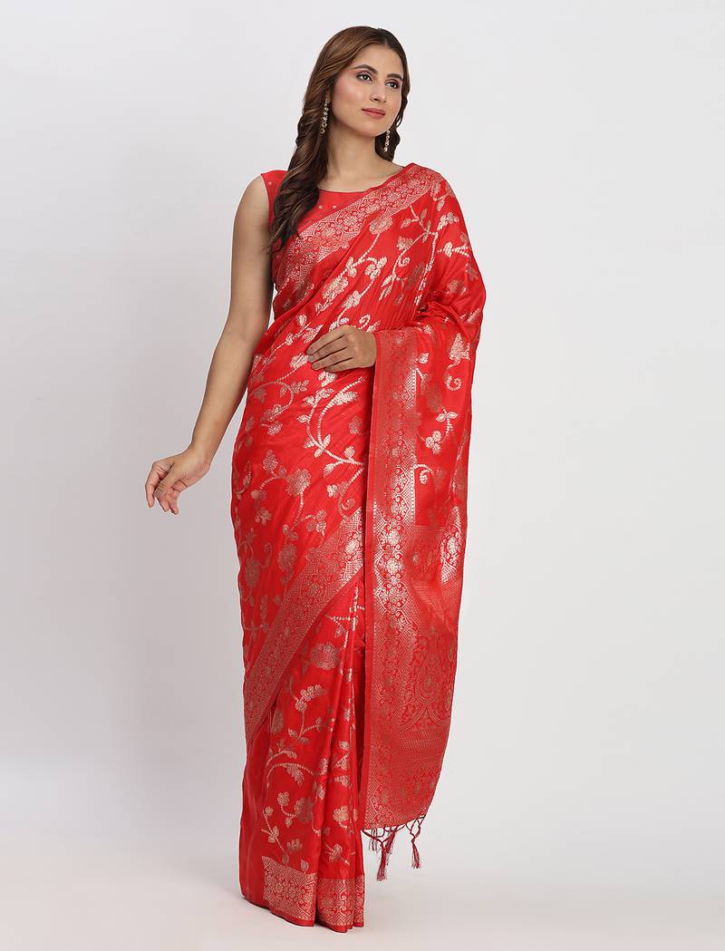 red color woven banarasi art silk saree with blouse