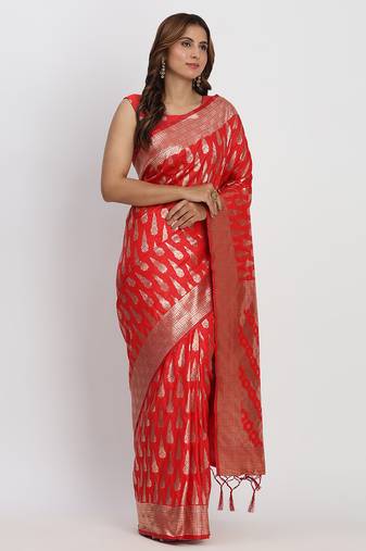 red color woven banarasi art silk saree with blouse