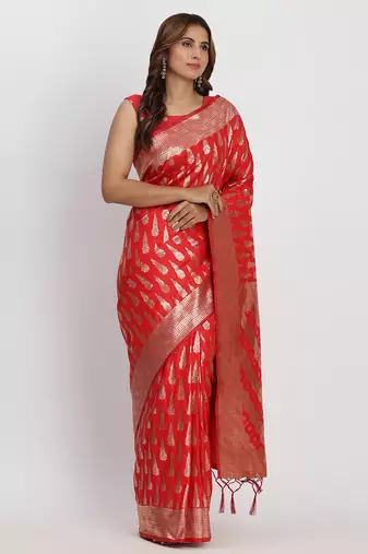 red color woven banarasi art silk saree with blouse
