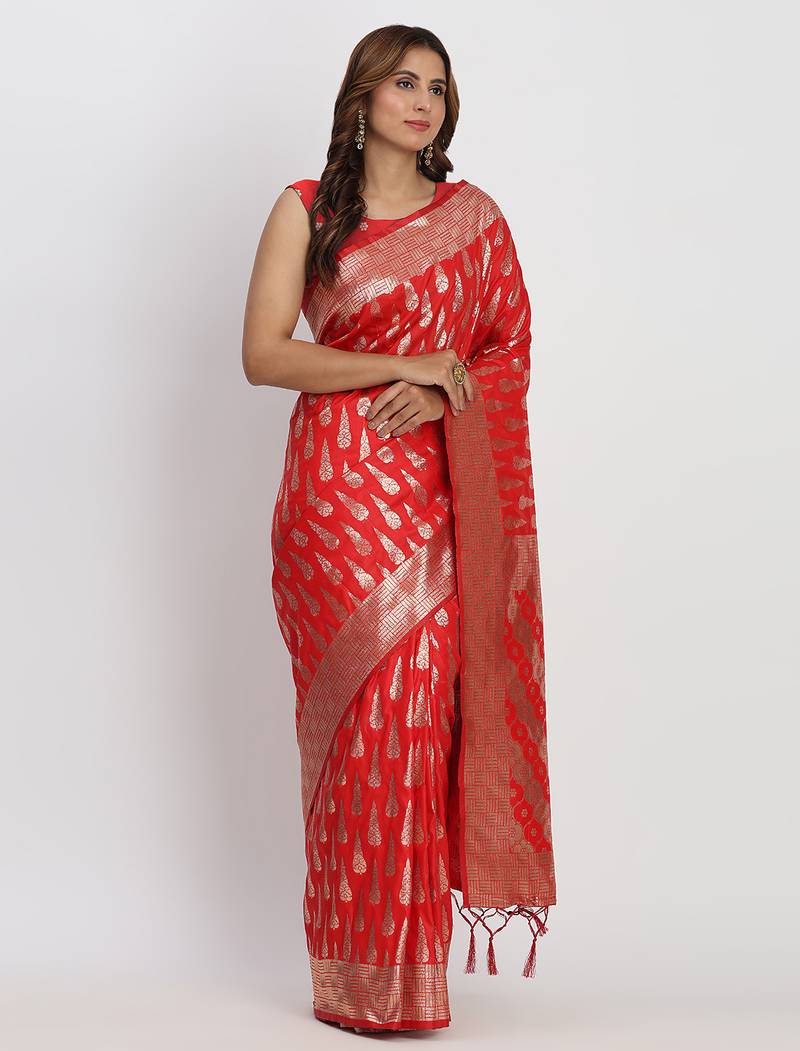 red color woven banarasi art silk saree with blouse