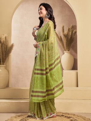 Mehendi digital printed linen ready to wear designer saree with unstitched blouse 7