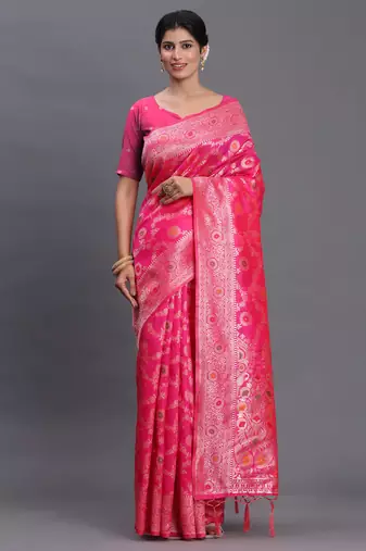 pink color woven banarasi art silk saree with blouse