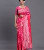 pink color woven banarasi art silk saree with blouse