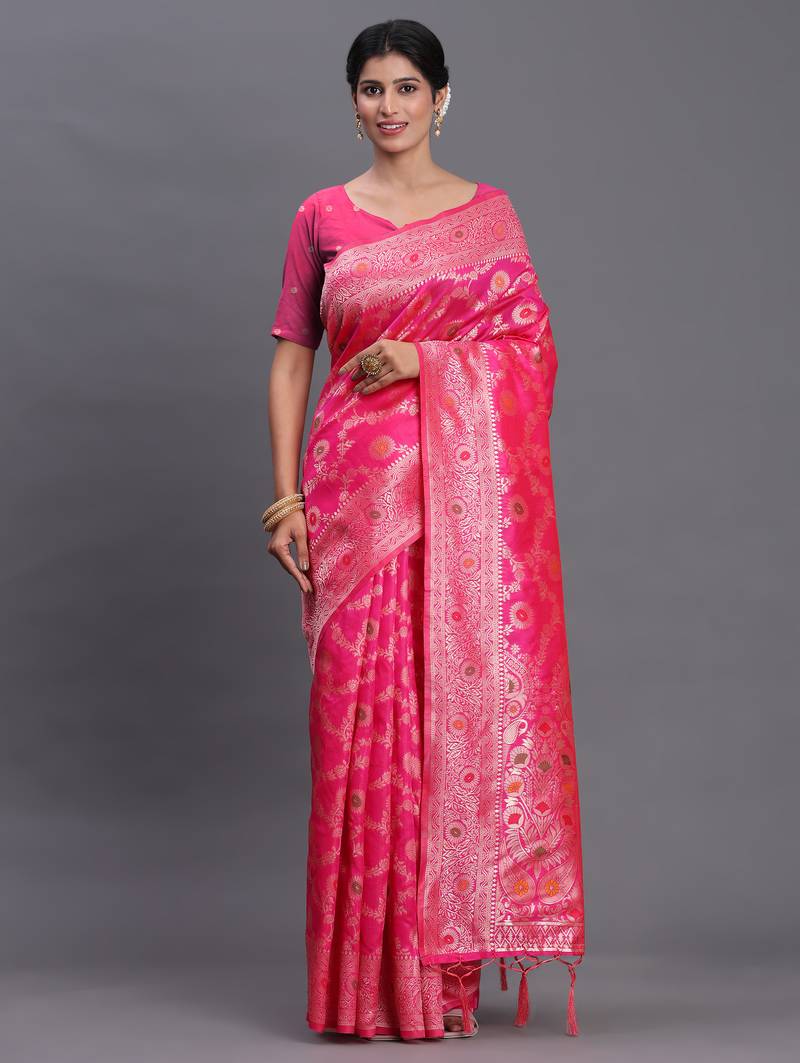pink color woven banarasi art silk saree with blouse