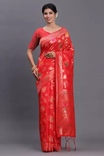 red color woven banarasi art silk saree with blouse