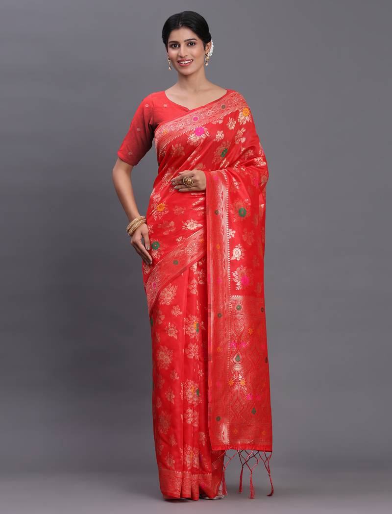 red color woven banarasi art silk saree with blouse