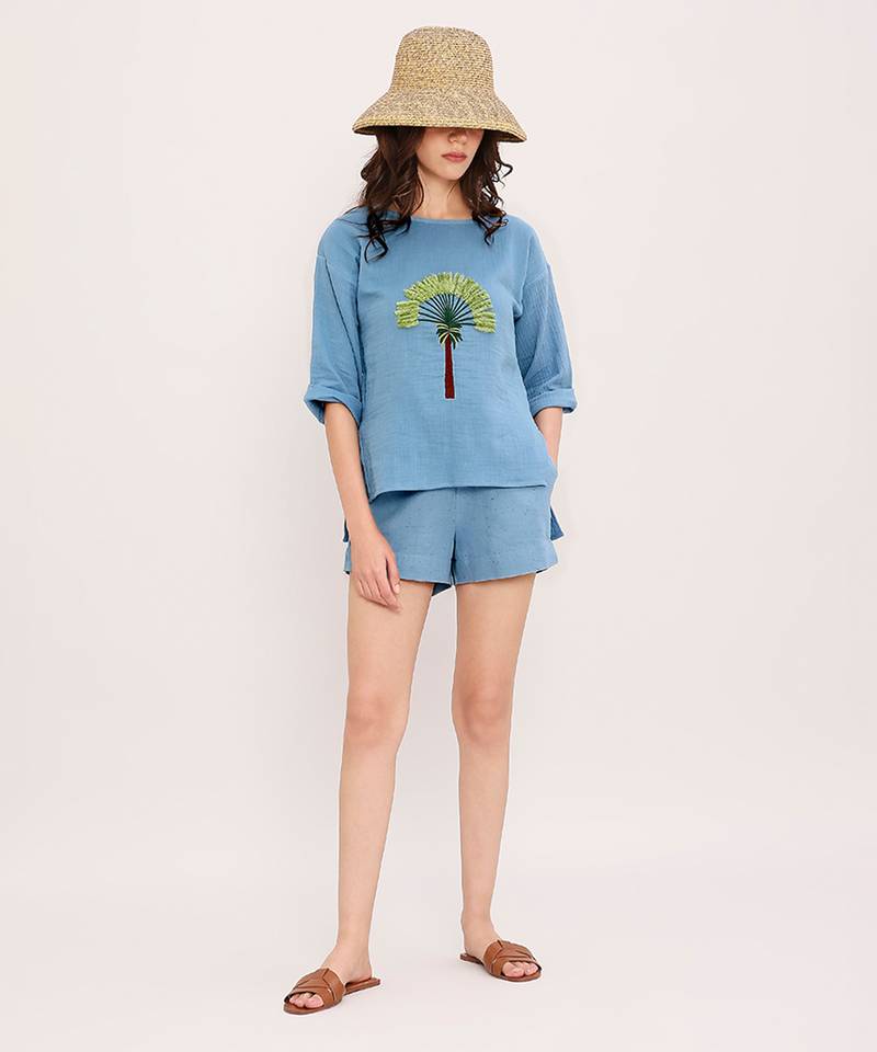 Blue embroidered cotton top