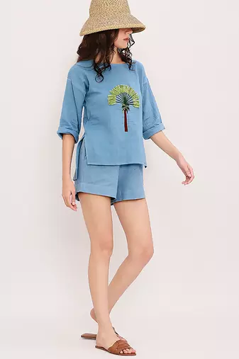 Blue embroidered cotton top