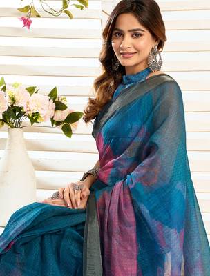 Teal digital printed linen ready to wear designer saree with unstitched blouse 7