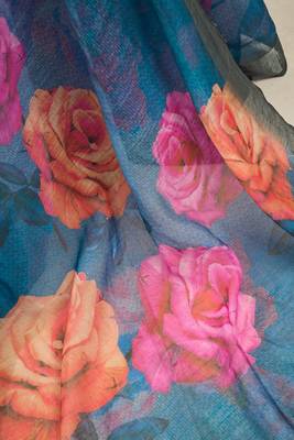 Teal digital printed linen ready to wear designer saree with unstitched blouse 8