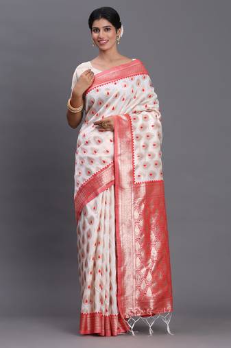 white-red color woven banarasi art silk saree with blouse