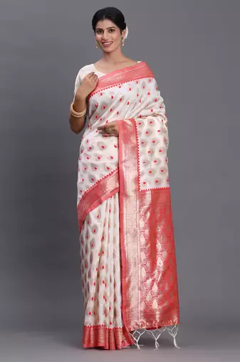 white-red color woven banarasi art silk saree with blouse