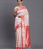 white-red color woven banarasi art silk saree with blouse