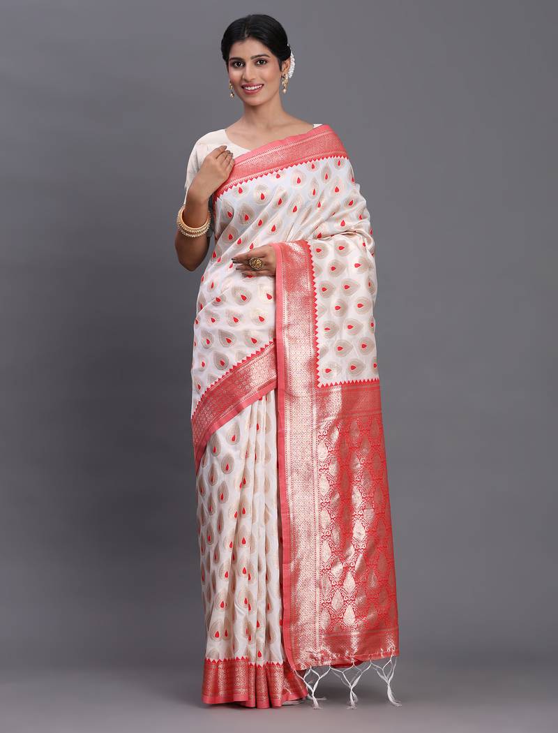 white-red color woven banarasi art silk saree with blouse