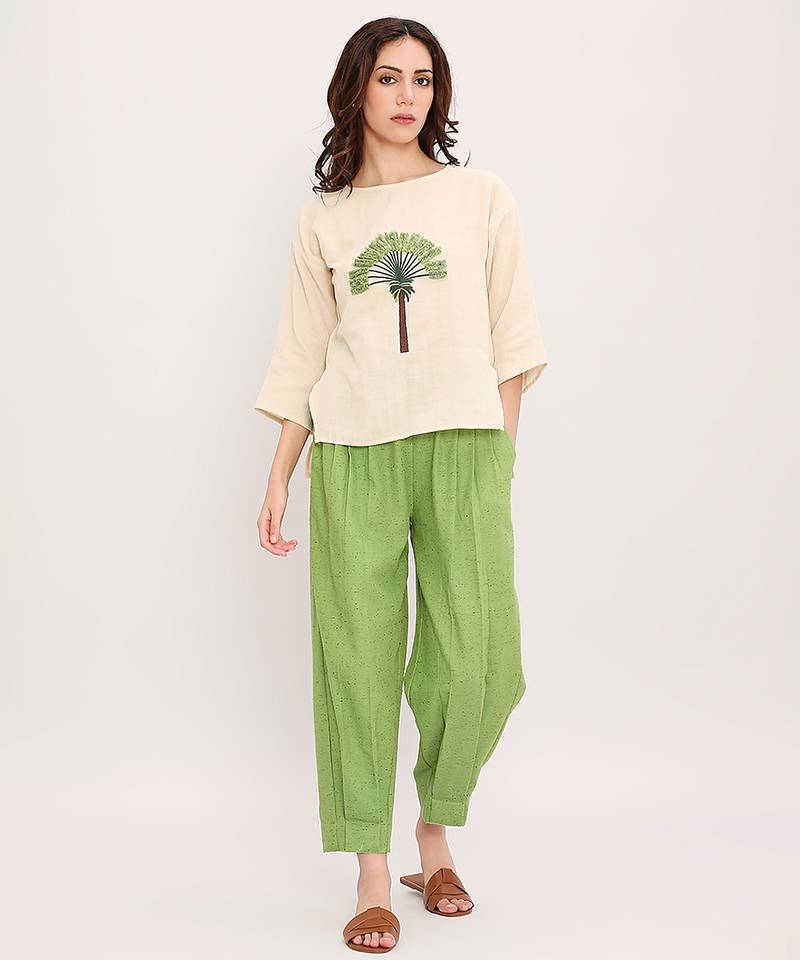 Cream and Green embroidered cotton co ord set