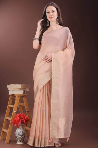 peach color orgenza zari border saree with blouse