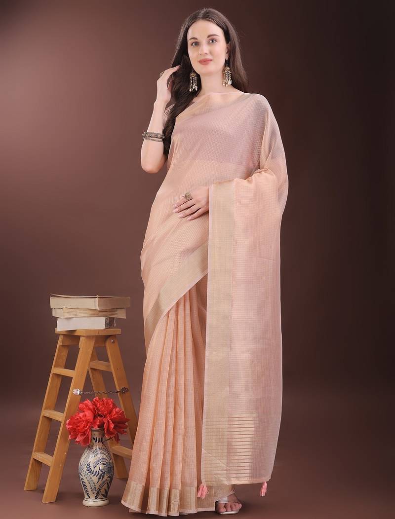peach color orgenza zari border saree with blouse