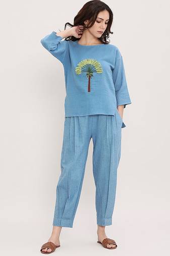 Blue embroidered cotton co ord set