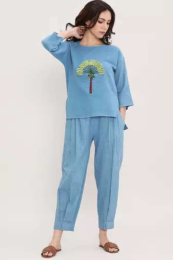 Blue embroidered cotton co ord set