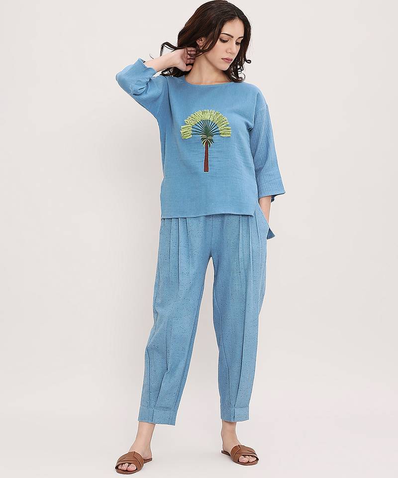 Blue embroidered cotton co ord set