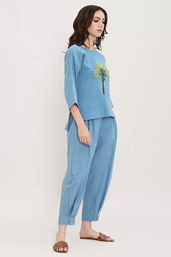 Blue embroidered cotton co ord set