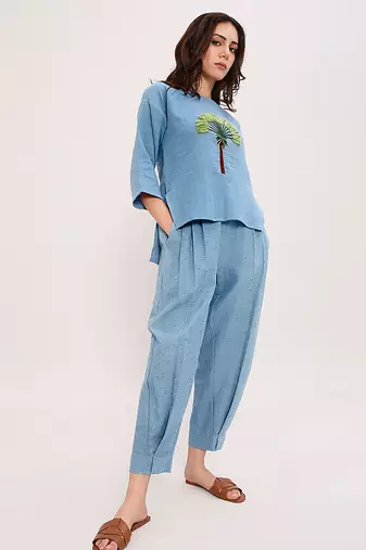 Blue embroidered cotton co ord set