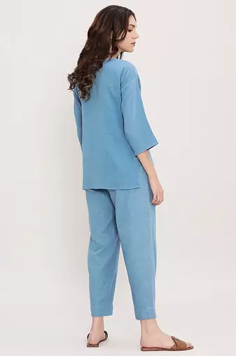 Blue embroidered cotton co ord set