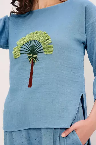 Blue embroidered cotton co ord set