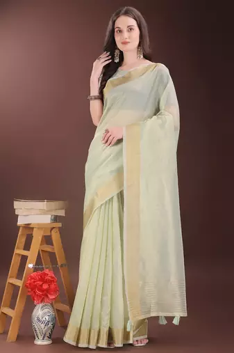 light green color orgenza zari border saree with blouse
