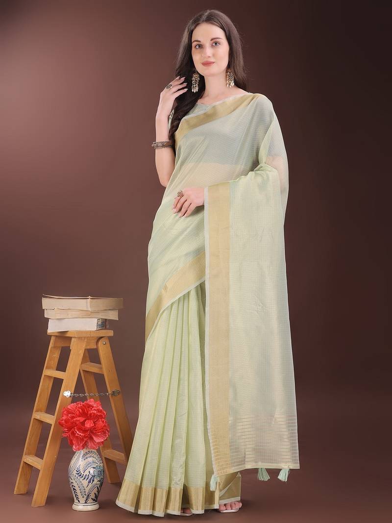light green color orgenza zari border saree with blouse