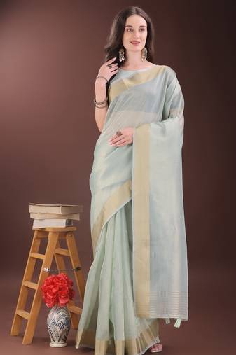 sky blue color orgenza zari border saree with blouse